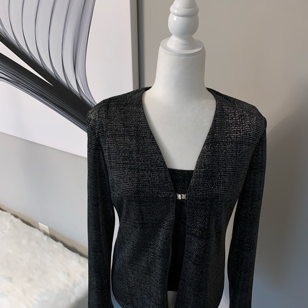 Liz Claiborne Night Black Silver Metallic Rhinestone 2-piece cocktail top blouse - Picture 7 of 12